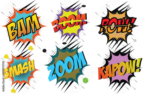 Comic explosion sound effect set with bam boom pow smash zoom kapow words in colorful pop art style, dynamic action bursts for comics, stickers and graphic design