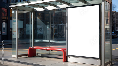 A modern glass bus stop shelter features a prominent blank white advertising billboard.