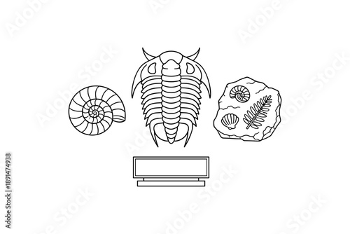 Line art fossils and shell collection with trilobite and ammonite