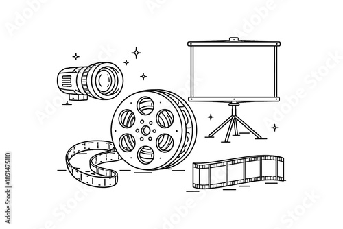 Retro cinema elements: projector, film reel, screen in linear style