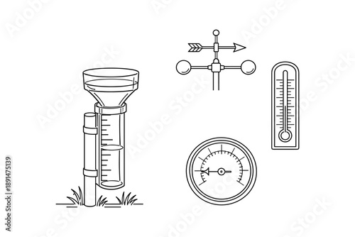 Weather instruments: rain gauge, wind vane, thermometer, barometer in line art design