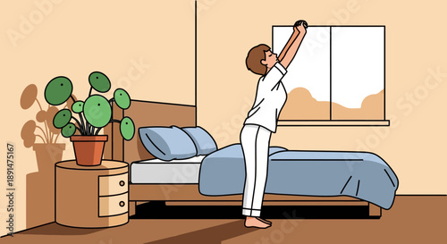 Woman Opening Curtains Bedroom.