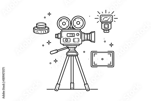 Vintage film camera and photography equipment in linear style with tripod and flash elements