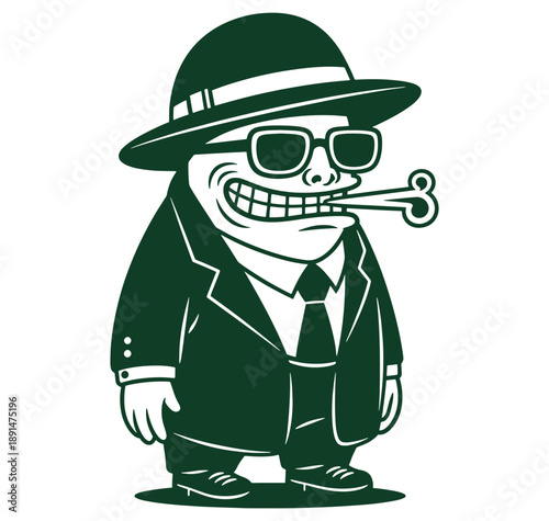 cartoon character skull in suit and hat smoking a pipe