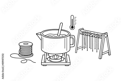 Candle making setup with melting pot, wick spools, and cooling rack in linear style