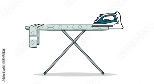 Illustration of Essential Laundry Equipment: Steam Iron and Ironing Board with a Neatly Folded Cloth