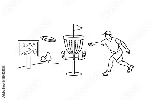 Line art disc golf scene: player throws disc toward basket with course map