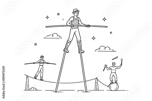 Circus performers on stilts and ropes in linear minimalist style with cloud and star elements