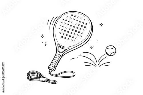 Outline drawing of padel racket and ball with action lines and stars