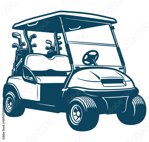 golf cart with clubs on back seat on white background