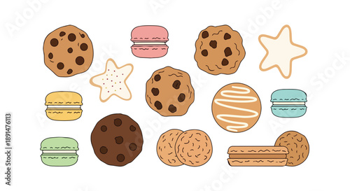 Artisanal sweet baked goods and colorful french macarons rendered in a delightful simple illustration style perfect for culinary and confectionary