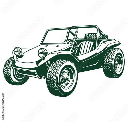 Green illustration of a vintage dune buggy with large tires and open top  side view