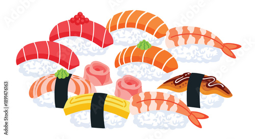 Vibrant graphic of assorted nigiri sushi, featuring tuna, salmon, shrimp, tamago, eel, and pickled ginger, celebrating exquisite Japanese culinary