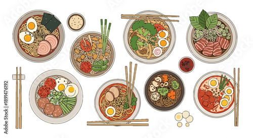 Artistic array of diverse ramen noodle bowls with various traditional Japanese toppings