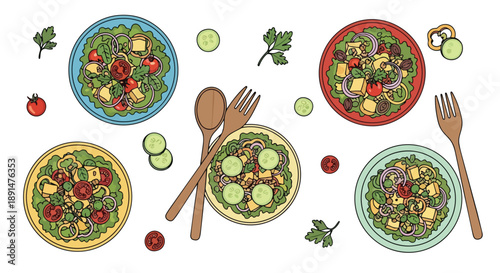 Artistic top-down illustration of various fresh healthy salads in colorful bowls with scattered ingredients