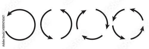 Set of circle arrows rotating on white background. Refresh, reload, recycle, loop rotation sign collection. Black circle arrows for infographics web design. Vector illustration flat style clip art