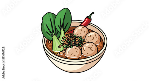 A vibrant and inviting cartoon illustration showcasing a delicious Asian-inspired meatball soup, complete with tender savory meatballs, fresh green