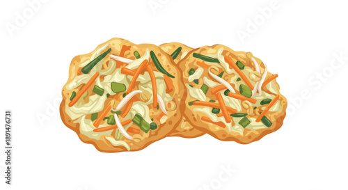 Crispy golden vegetable fritters bursting with fresh cabbage carrots and sprouts a vibrant and savory snack illustration a delicious crunchy
