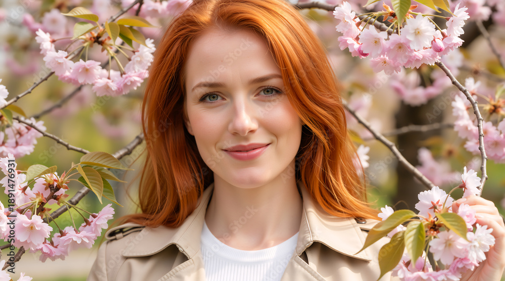 Fototapeta premium Portrait of a smiling redhead woman with cherry blossoms. Young female in beige trench coat in spring park. Sakura blooming background