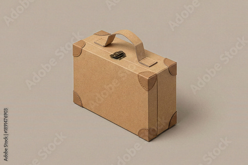 Isometric view of a brown kraft cardboard suitcase with handle and metal latch
