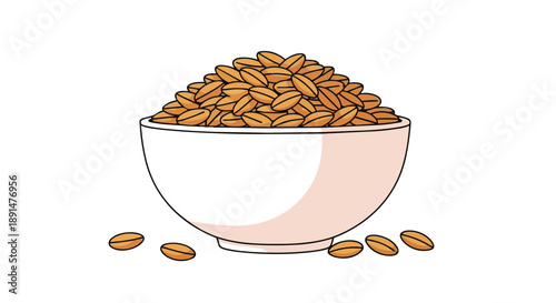 A vibrant illustration showcasing a generous heap of wholesome golden grains elegantly presented in a pristine white ceramic bowl with scattered
