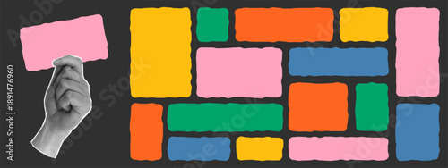 Playful doodle panels. Wavy organic rectangles with organic contour. Halftone collage hand graphic. Editable text box for photo overlays.