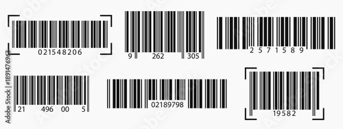 Label EAN set of classic linear barcodes. Product scan icons for labels and stickers. Black vertical stripes on white background. Vector elements for inventory systems.