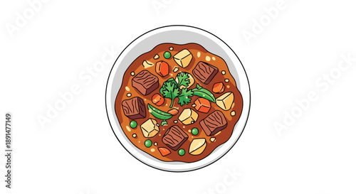 Delicious animated stew with meat, vegetables, and potatoes, garnished with fresh cilantro in a clean white bowl