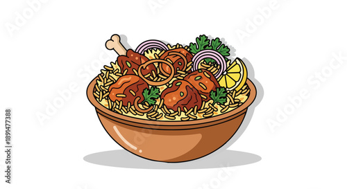 Flavorful chicken biryani bowl illustration with aromatic rice and savory pieces, garnished with fresh herbs, crisp onions, and a vibrant lemon