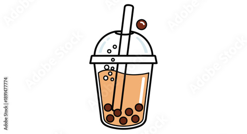 A delightful graphic of a popular sweet iced beverage featuring dark tapioca pearls and a wide straw in a transparent cup, perfect for refreshing