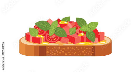 Delicious bruschetta toast illustration with fresh tomatoes basil and olive oil