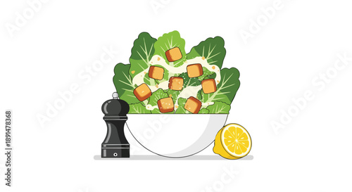 Fresh crisp leafy greens tossed with golden toasted bread cubes and creamy savory dressing accented by zesty citrus and ground peppercorns for a
