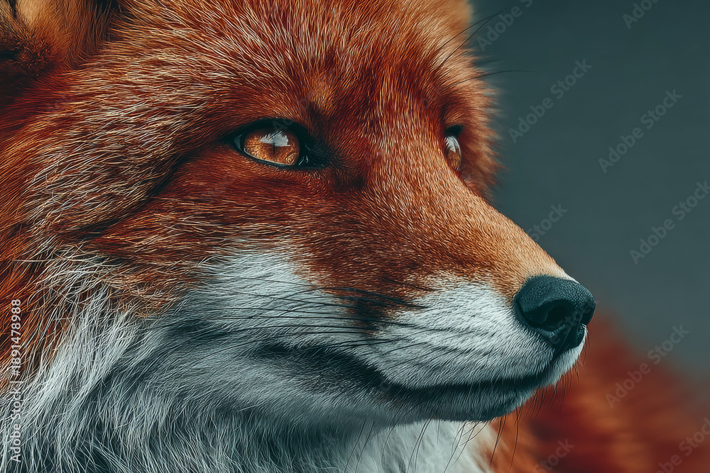 Fototapeta premium Close-up portrait of a red fox showing its detailed fur and intensely focused eyes against a blurred dark background, capturing the elegance and beauty of this wild creature