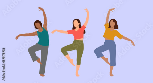 Three women dancing together in a joyful pose.