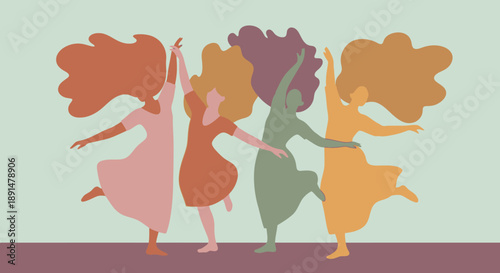 Group of women dancing together in colorful dresses.