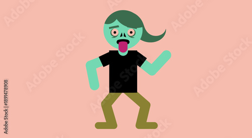 Cartoon green zombie character with open mouth and flowing hair.