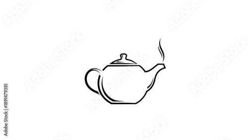 Minimalist outline illustration of a steaming teapot on white.