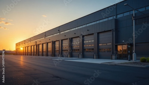Industrial building with garage doors at sunset warehouse