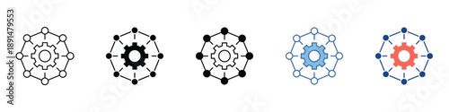 Versatile icon set illustrating a core technological concept of an interconnected system with a central gear, representing network configuration, data processing, and digital infrastructure management