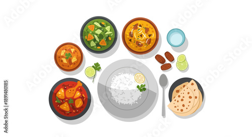 Delicious Indian Thali Meal with Rice Curries and Bread.