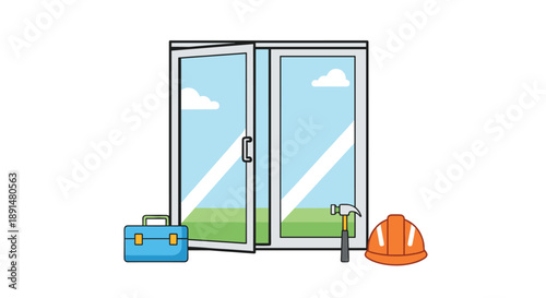 Home Renovation Concept with Construction Tools near an Open Window showing a Sunny Landscape. Blue Toolbox.