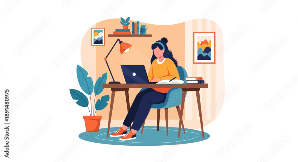 Fototapeta premium Woman working from home on laptop in cozy, well-lit home office setup with plants and artwork