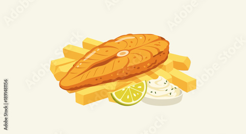 Grilled Salmon Steak with Fries Lemon and Tartar Sauce.