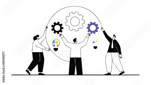 Three colleagues collaborate on innovative teamwork concept with gear and lightbulb ideas