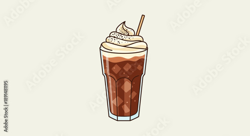 Iced Coffee with Whipped Cream and a Straw Illustration.