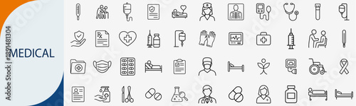 Medical and healthcare icons set, thin line hospital equipment medicine and professional doctor nursing vector illustration