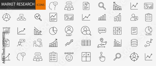 Market research and data analysis icons set, thin line business strategy consumer behavior and professional statistics vector illustration