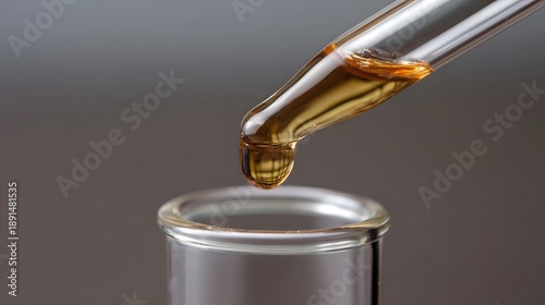 A single drop of amber liquid falls from a glass pipette into a laboratory test tube