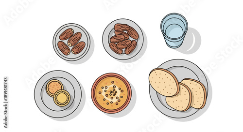 Overhead View of Iftar Meal with Dates Soup and Bread.