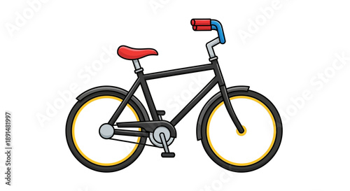 Black bicycle with red seat.